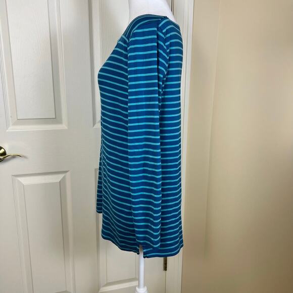L.L. Bean 100% Pima Cotton Square Neck Long Sleeve Top Blue Turquoise Stripe MED - Picture 3 of 6